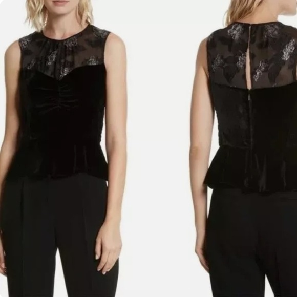 Rebecca Taylor Organza Velvet Sleeveless Peplum Top - Size 10 - Picture 4 of 12